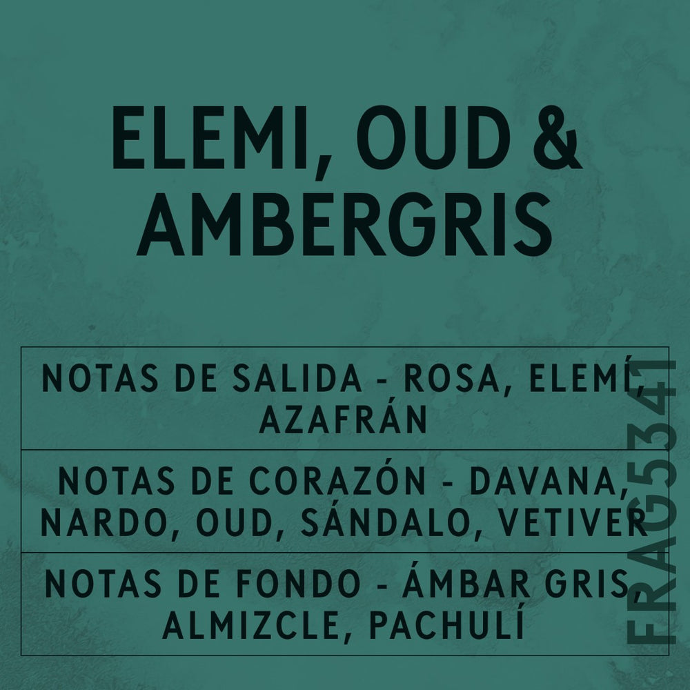 Elemi, Oud & Ambergris Fragrance Oil scent card (Spanish)