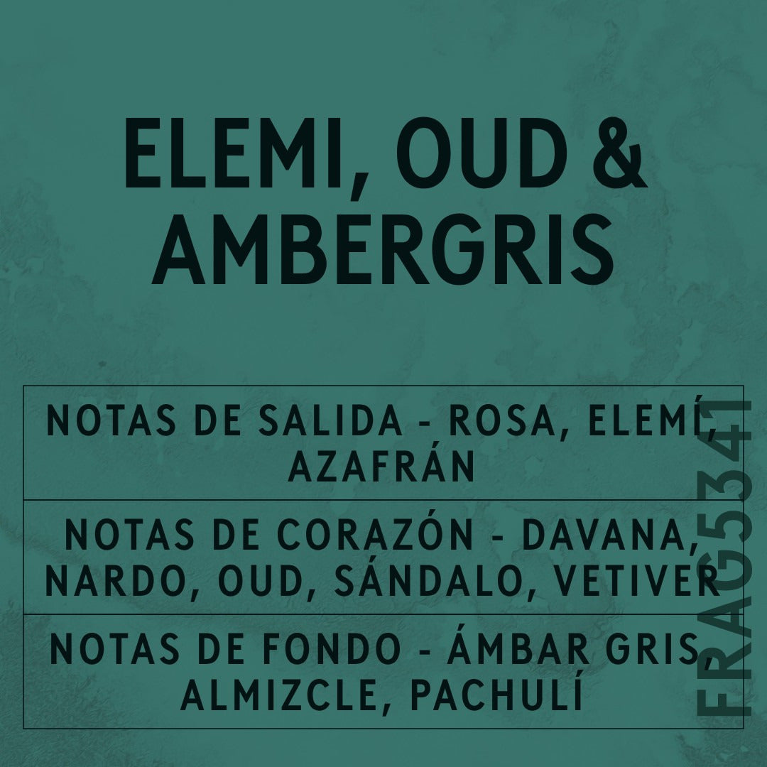 Elemi, Oud & Ambergris Fragrance Oil scent card (Spanish)
