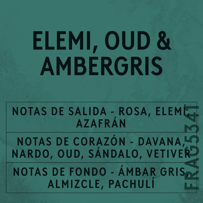 Elemi, Oud & Ambergris Fragrance Oil scent card (Spanish)