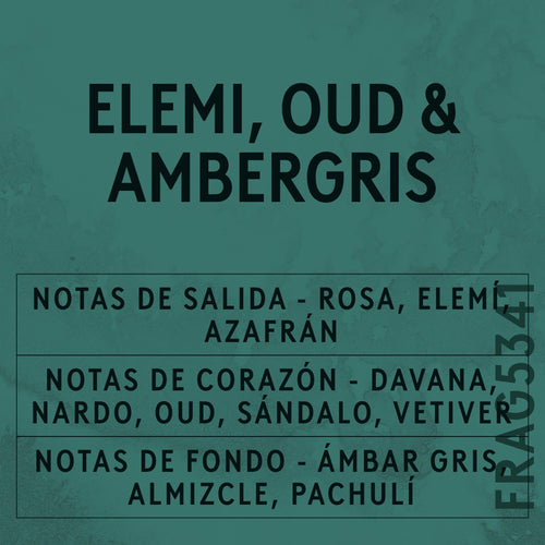 Elemi, Oud & Ambergris Fragrance Oil scent card (Spanish)