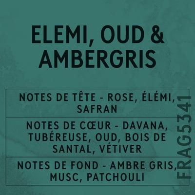 Elemi, Oud & Ambergris Fragrance Oil scent card (French)