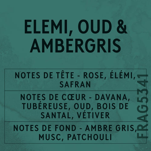 Elemi, Oud & Ambergris Fragrance Oil scent card (French)