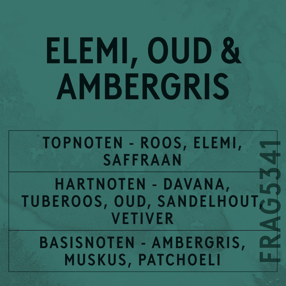 Elemi, Oud & Ambergris Fragrance Oil scent card (Dutch)