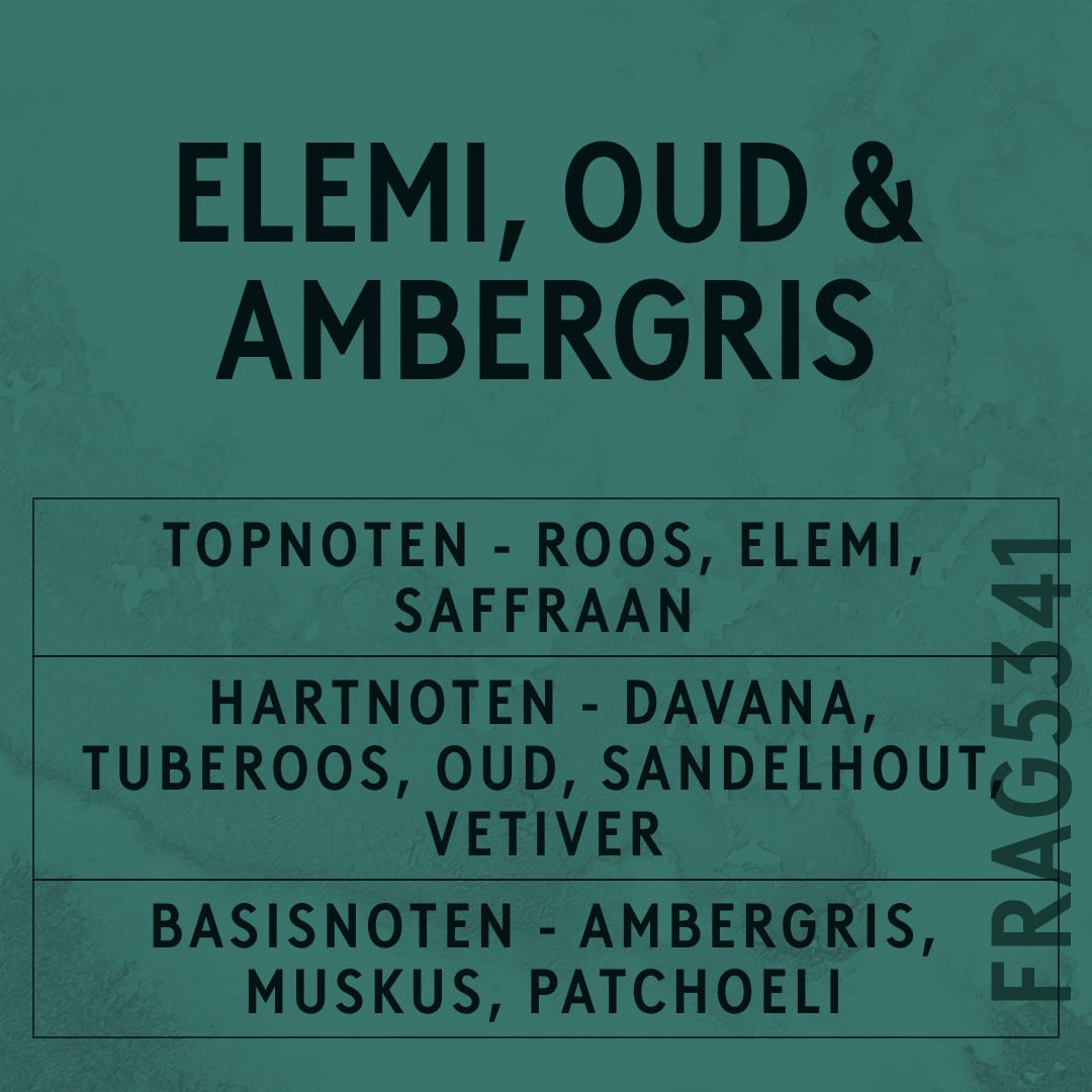 Elemi, Oud & Ambergris Fragrance Oil scent card (Dutch)
