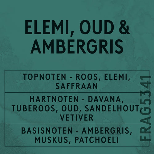 Elemi, Oud & Ambergris Fragrance Oil scent card (Dutch)