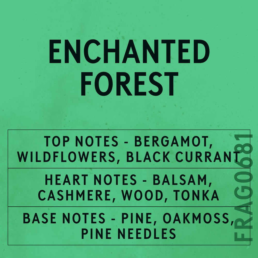 Enchanted Forest fragrance oil - Candle Shack aluminium bottle with dried botanicals on a dark slate background