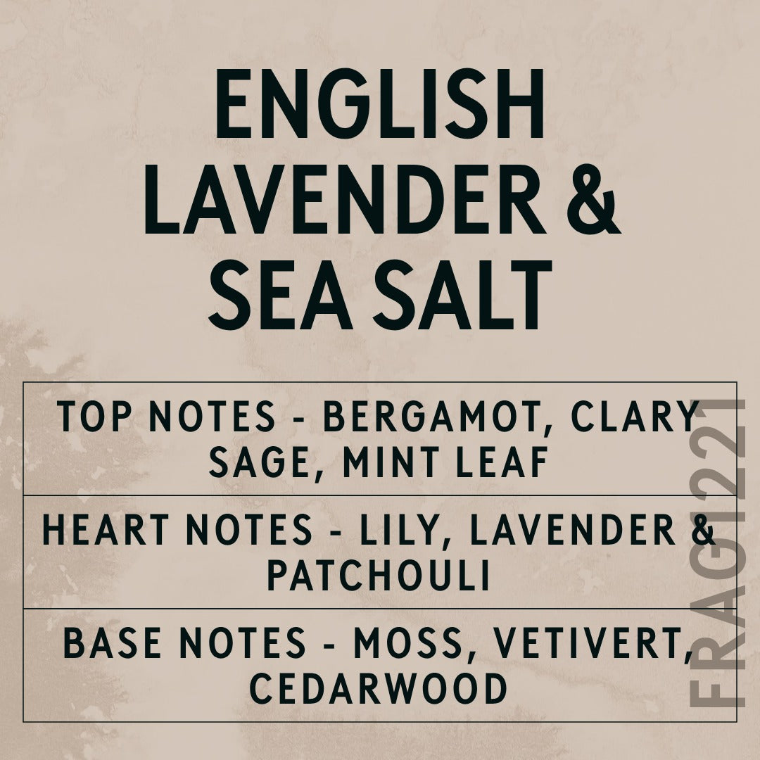 English Lavender & Dead Sea Minerals fragrance oil - Candle Shack aluminium bottle with dried botanicals on a dark slate background