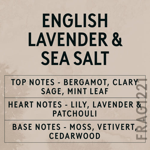 English Lavender & Dead Sea Minerals fragrance oil - Candle Shack aluminium bottle with dried botanicals on a dark slate background