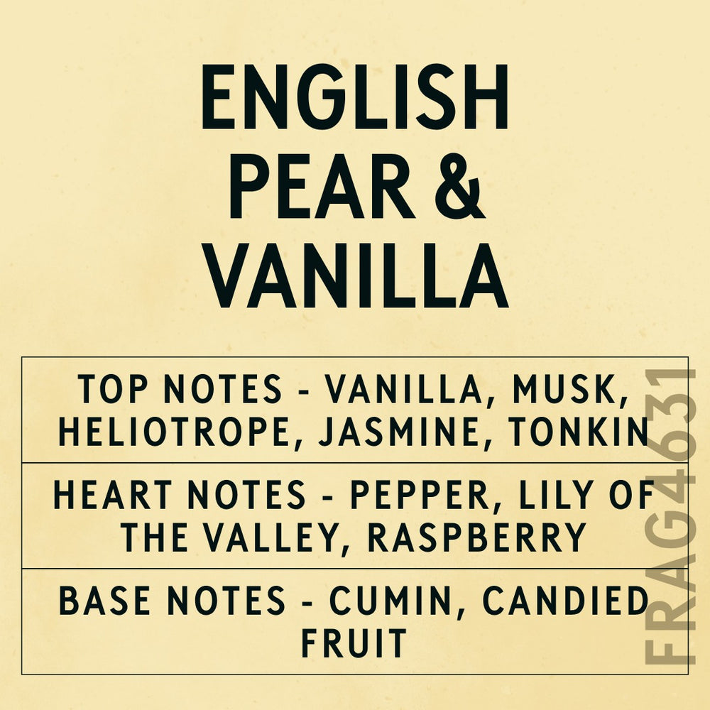 English Pear & Vanilla fragrance oil - Candle Shack aluminium bottle with dried botanicals on a dark slate background