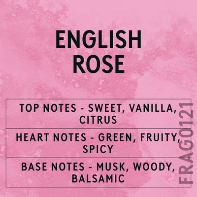 English Rose fragrance oil - Candle Shack aluminium bottle with dried botanicals on a dark slate background