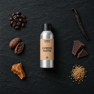 Espresso Martini fragrance oil - Candle Shack aluminium bottle with dried botanicals on a dark slate background