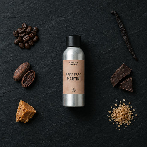 Espresso Martini fragrance oil - Candle Shack aluminium bottle with dried botanicals on a dark slate background