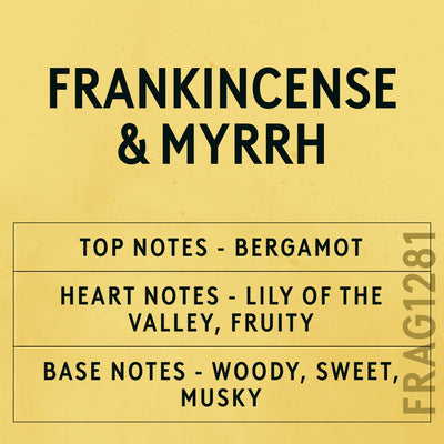Frankincense & Myrrh fragrance oil - Candle Shack aluminium bottle with dried botanicals on a dark slate background