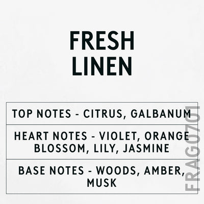 Fresh Linen fragrance oil - Candle Shack aluminium bottle with dried botanicals on a dark slate background