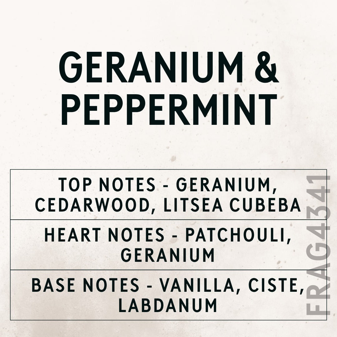 Geranium & Peppermint with Citrepel Insect Repellent fragrance oil - Candle Shack aluminium bottle with dried botanicals on a dark slate background