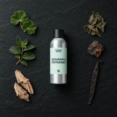 Geranium & Peppermint with Citrepel Insect Repellent fragrance oil - Candle Shack aluminium bottle with dried botanicals on a dark slate background