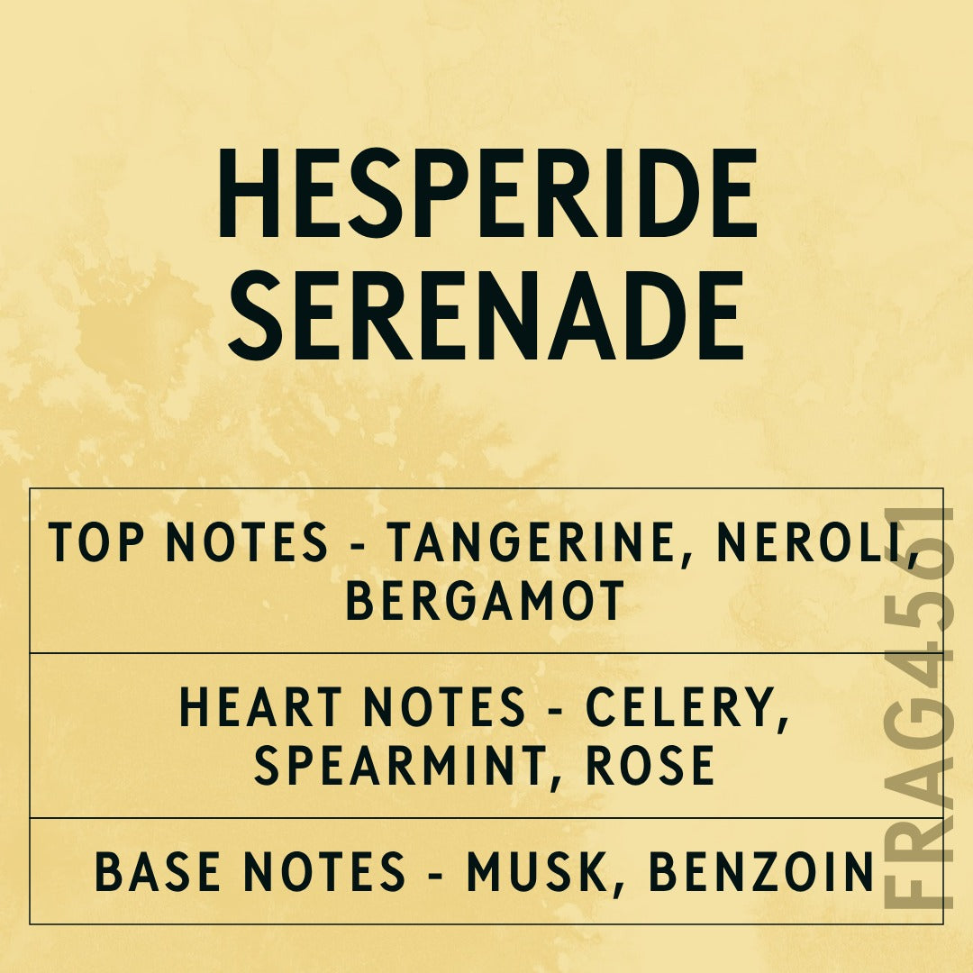 Hesperide Serenade fragrance oil - Candle Shack aluminium bottle with dried botanicals on a dark slate background
