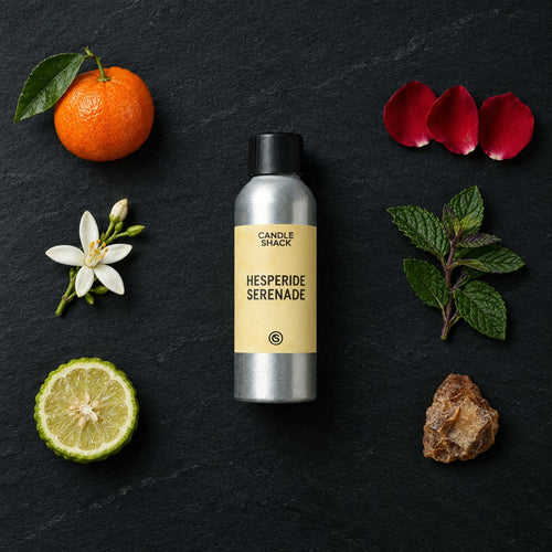 Hesperide Serenade fragrance oil - Candle Shack aluminium bottle with dried botanicals on a dark slate background