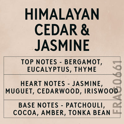 Himalayan Cedar & Jasmine fragrance oil - Candle Shack aluminium bottle with dried botanicals on a dark slate background