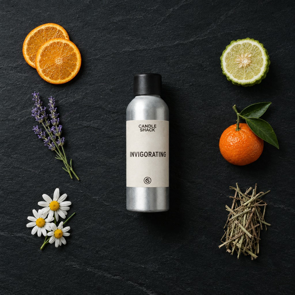 Invigorating Natural Oil fragrance oil - Candle Shack aluminium bottle with dried botanicals on a dark slate background