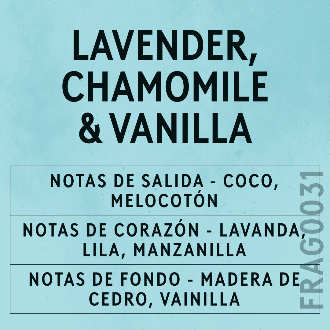 Lavender, Chamomile & Vanilla Fragrance Oil scent card (Spanish)