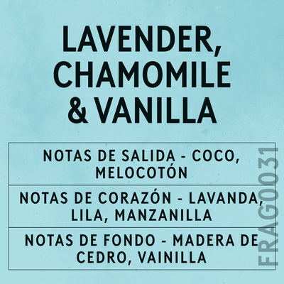 Lavender, Chamomile & Vanilla Fragrance Oil scent card (Spanish)