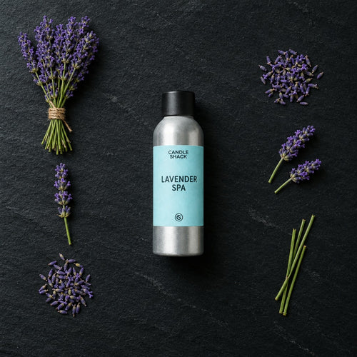 Lavender Spa fragrance oil - Candle Shack aluminium bottle with dried botanicals on a dark slate background