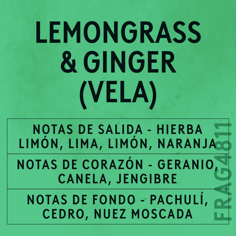 Lemongrass & Ginger Candle Fragrance Oil scent card (Spanish)
