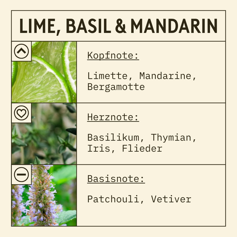 Lime, Basil & Mandarin Fragrance Oil scent card (German)