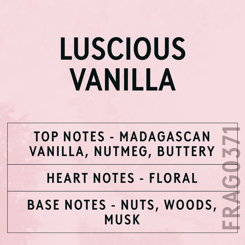 Luscious Vanilla fragrance oil - Candle Shack aluminium bottle with dried botanicals on a dark slate background