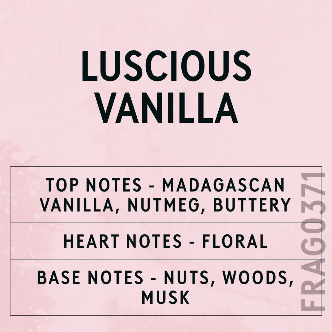 Luscious Vanilla fragrance oil - Candle Shack aluminium bottle with dried botanicals on a dark slate background