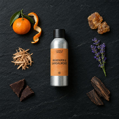 Mandarin & Sandalwood fragrance oil - Candle Shack aluminium bottle with dried botanicals on a dark slate background
