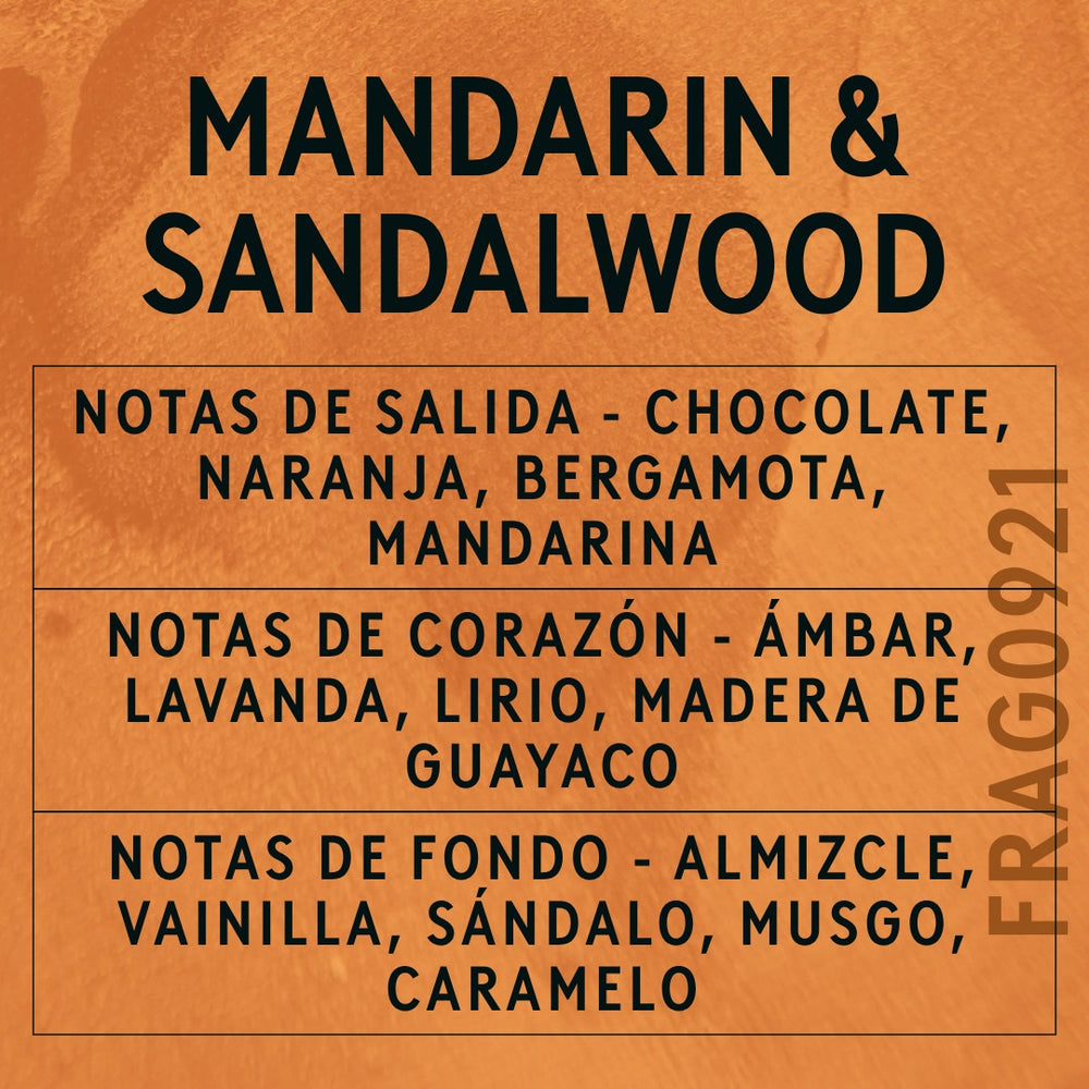 Mandarin & Sandalwood Fragrance Oil scent card (Spanish)