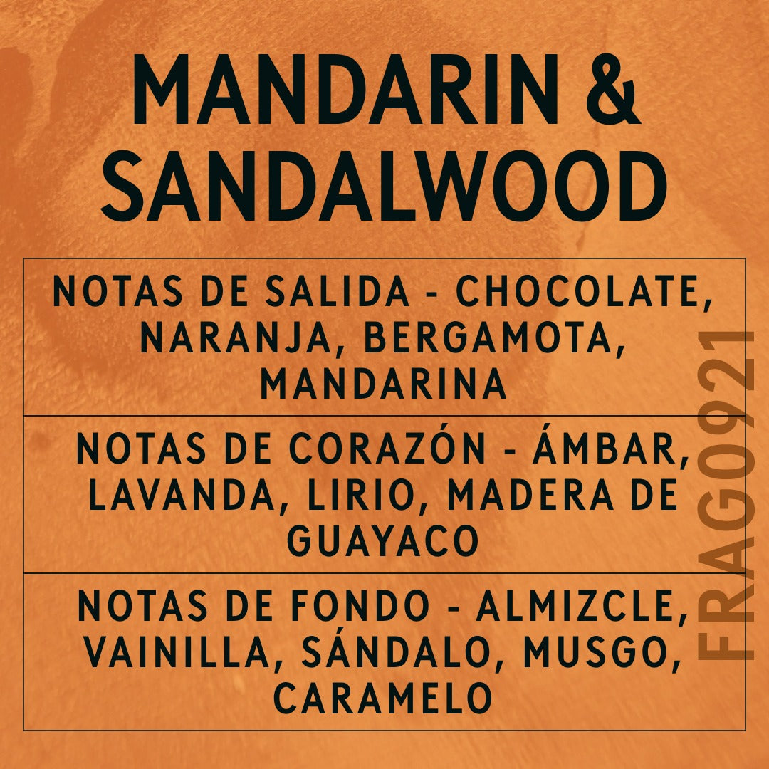Mandarin & Sandalwood Fragrance Oil scent card (Spanish)