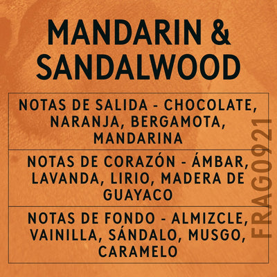 Mandarin & Sandalwood Fragrance Oil scent card (Spanish)