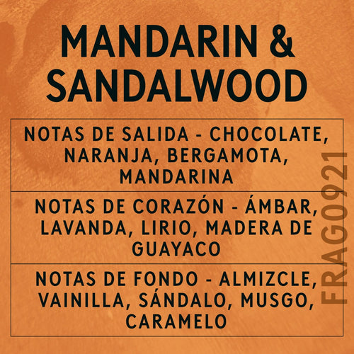Mandarin & Sandalwood Fragrance Oil scent card (Spanish)