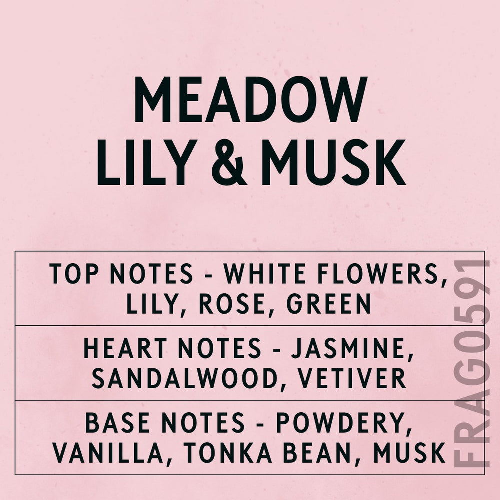 Meadow Lily & Cotton Musk fragrance oil - Candle Shack aluminium bottle with dried botanicals on a dark slate background