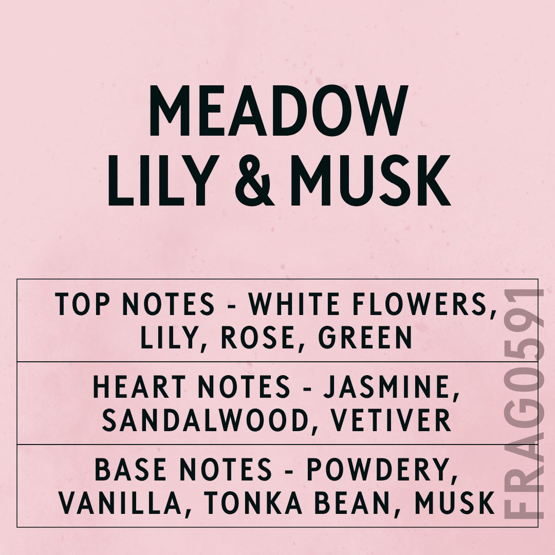 Meadow Lily & Cotton Musk fragrance oil - Candle Shack aluminium bottle with dried botanicals on a dark slate background