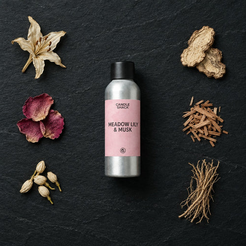 Meadow Lily & Cotton Musk fragrance oil - Candle Shack aluminium bottle with dried botanicals on a dark slate background