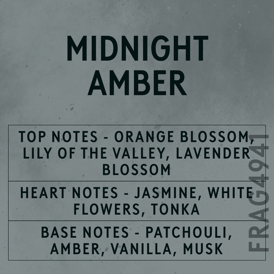 Midnight Amber fragrance oil - Candle Shack aluminium bottle with dried botanicals on a dark slate background