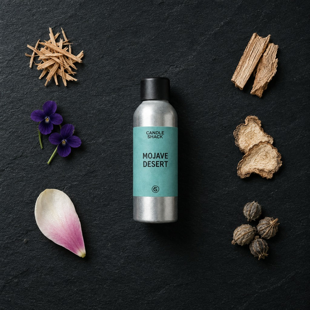 Mojave Desert fragrance oil - Candle Shack aluminium bottle with dried botanicals on a dark slate background