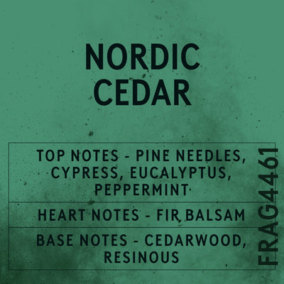 Nordic Cedar fragrance oil - Candle Shack aluminium bottle with dried botanicals on a dark slate background