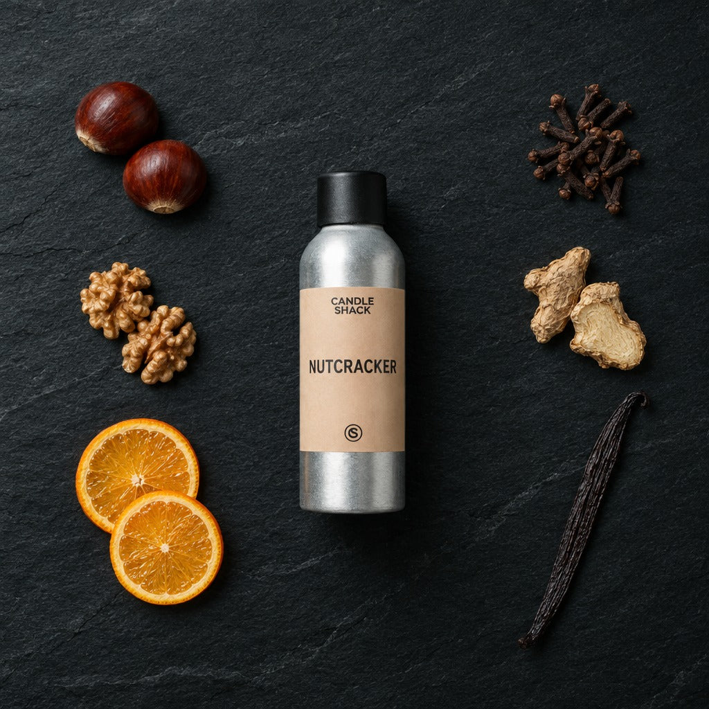 Nutcracker fragrance oil - Candle Shack aluminium bottle with dried botanicals on a dark slate background