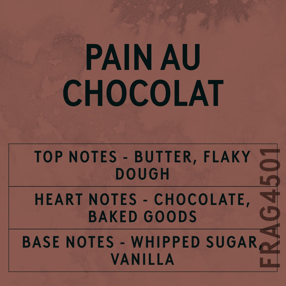 Pain Au Chocolat fragrance oil - Candle Shack aluminium bottle with dried botanicals on a dark slate background