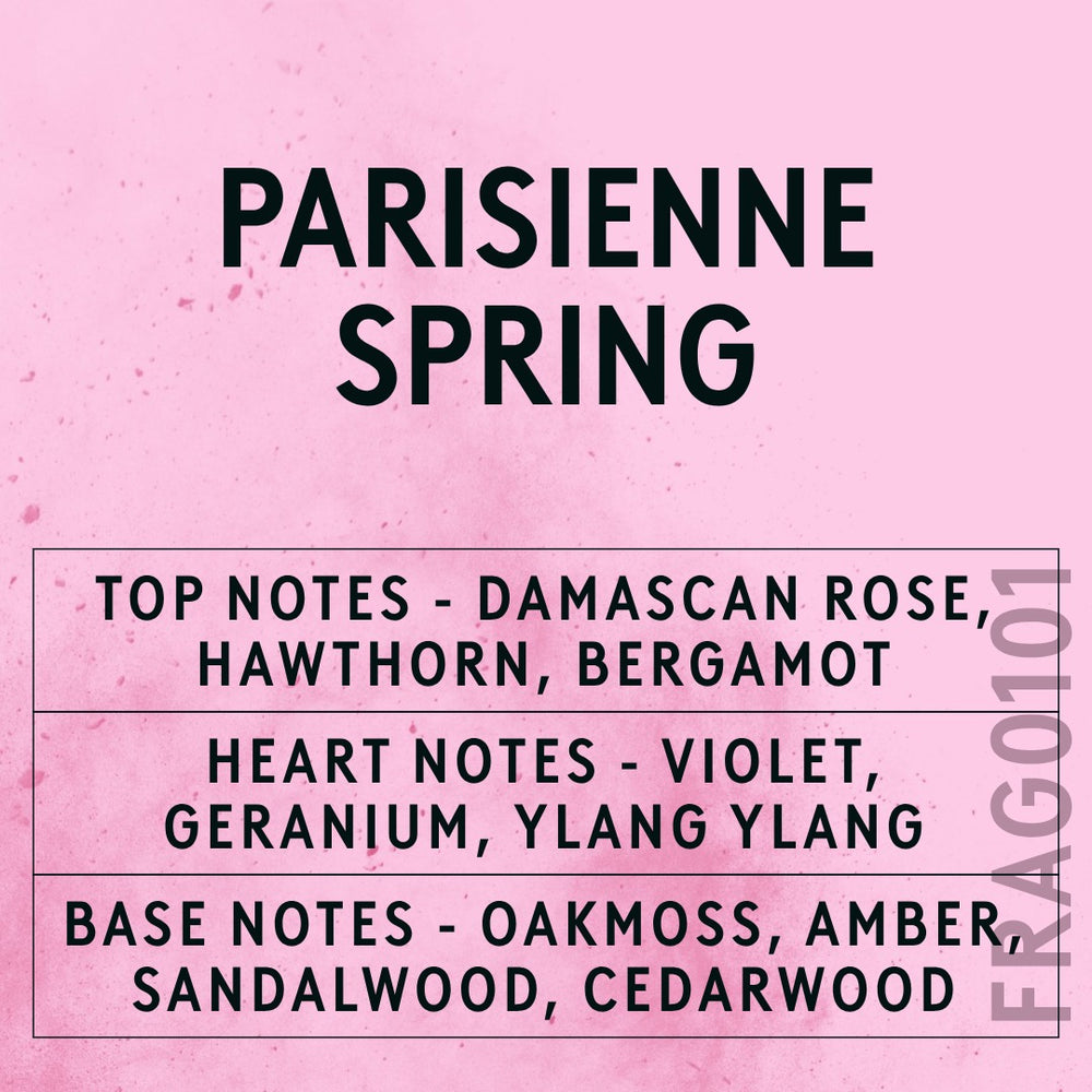 Parisienne Spring fragrance oil - Candle Shack aluminium bottle with dried botanicals on a dark slate background