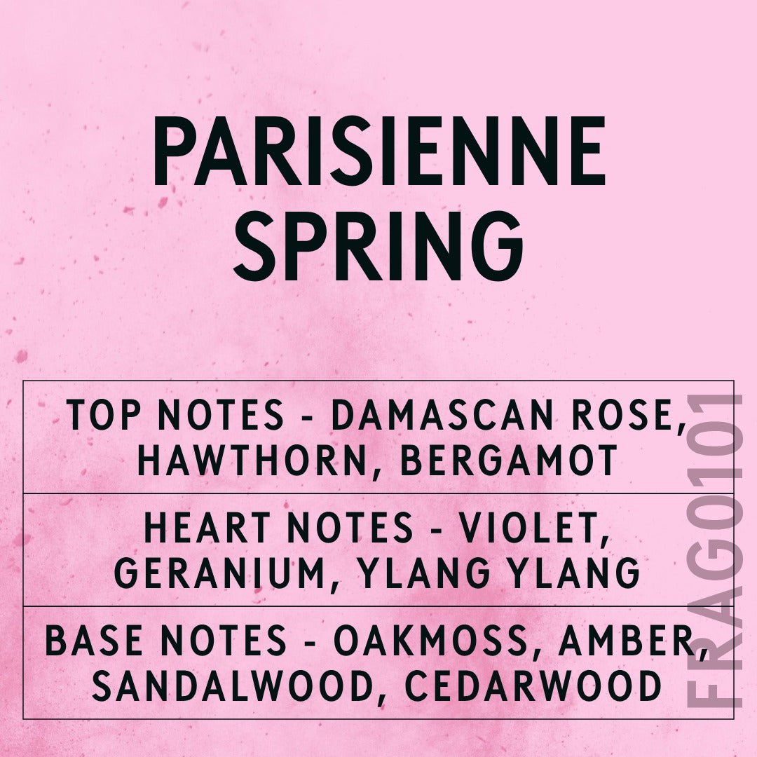 Parisienne Spring fragrance oil - Candle Shack aluminium bottle with dried botanicals on a dark slate background