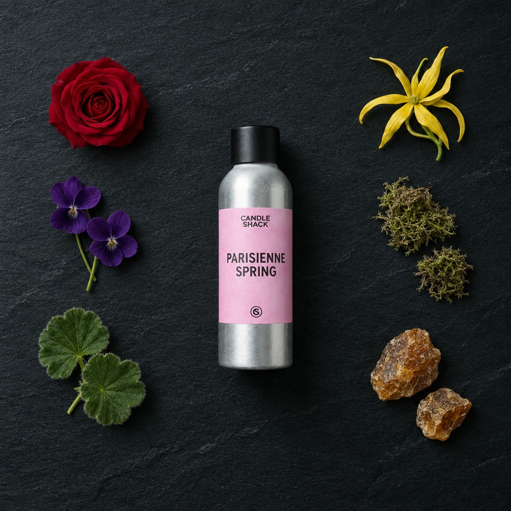 Parisienne Spring fragrance oil - Candle Shack aluminium bottle with dried botanicals on a dark slate background