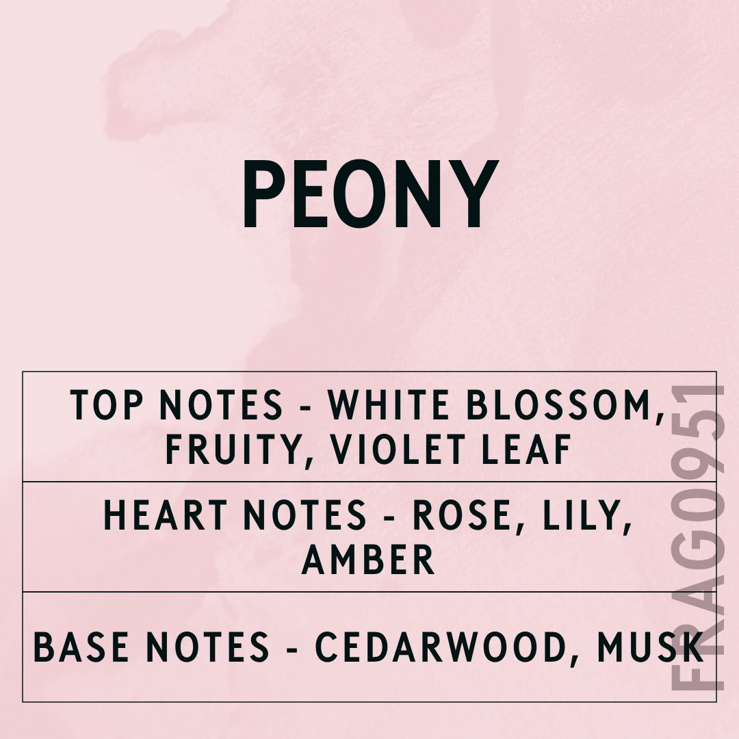 Peony fragrance oil - Candle Shack aluminium bottle with dried botanicals on a dark slate background