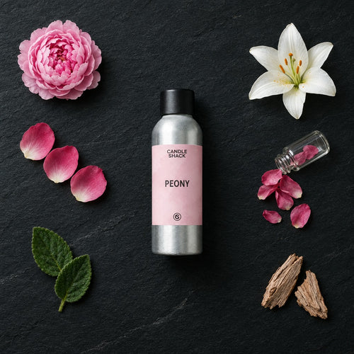 Peony fragrance oil - Candle Shack aluminium bottle with dried botanicals on a dark slate background