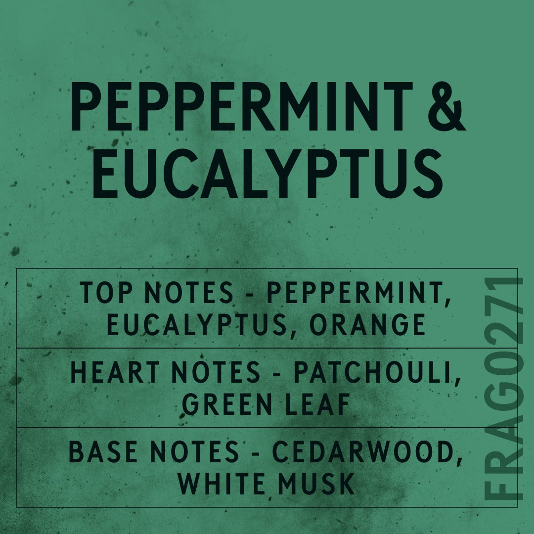 Peppermint and Eucalyptus fragrance oil - Candle Shack aluminium bottle with dried botanicals on a dark slate background